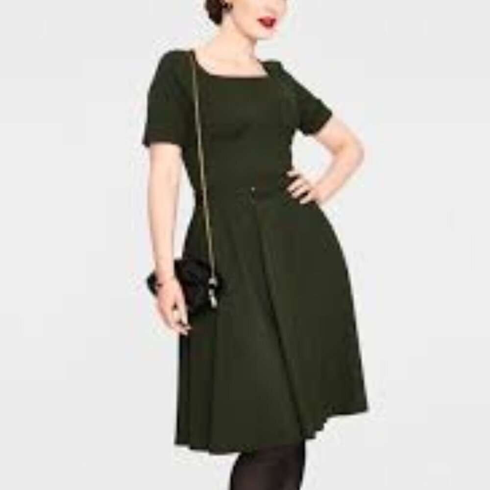 Voodoo Vixen Womens Green Square Neck Flare Dress With Belt Size 4X Full Skirt